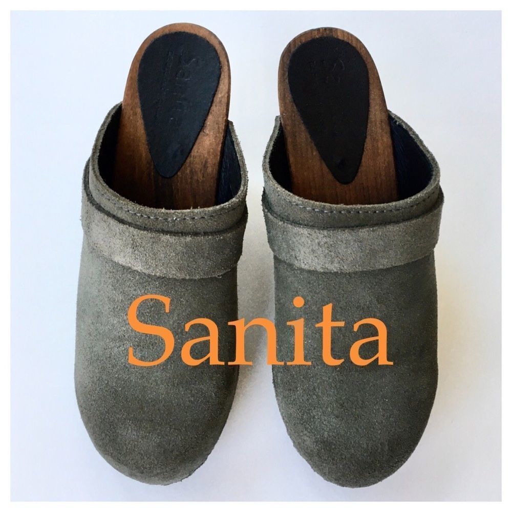 Sanita Olive Suede Wooden Sole Heel Clog Sz 5.5 6